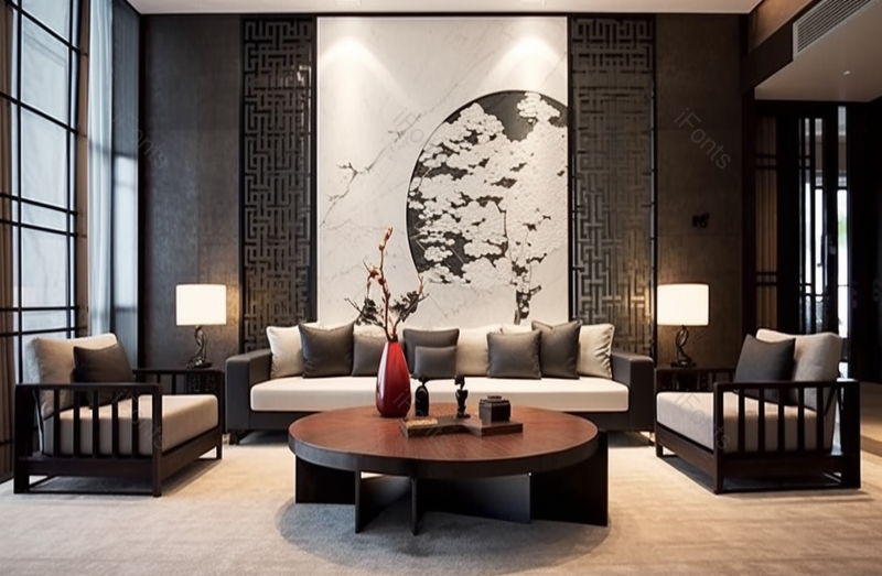 棕色客厅新中式装修风格中国风背景墙拍摄,高清,摄影图,摄影图片,图片大全,摄影图免费下载